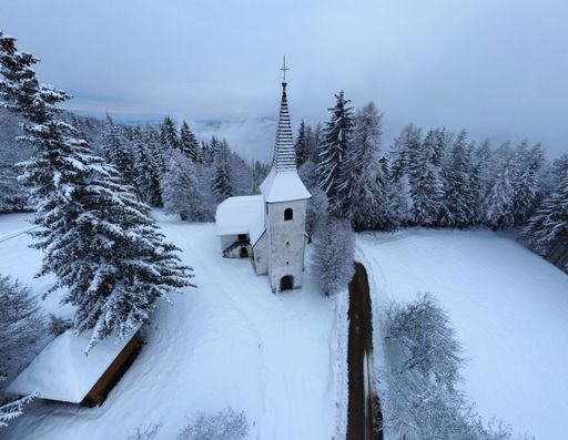 An aerial view of a snowy field near a forest with a church tower in Slovenia