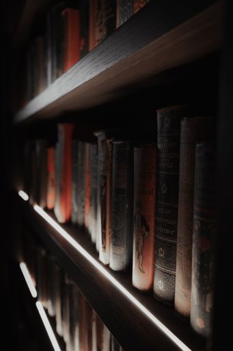 A closeup of books arranged in row on shelf