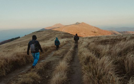 A closeup shot of people walking in the Bieszczady mountains, Poland