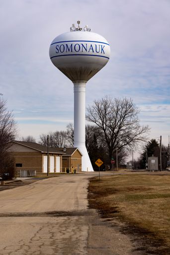 The Somonauk Water Department Tower under a cloudy sky in the US