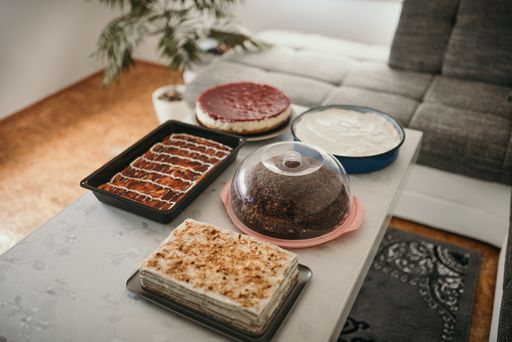 A closeup shot of homemade cakes on the grey table