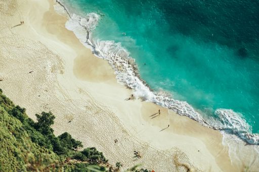 An aerial shot of a beach surrounded by the sea and greenery under the sunlight