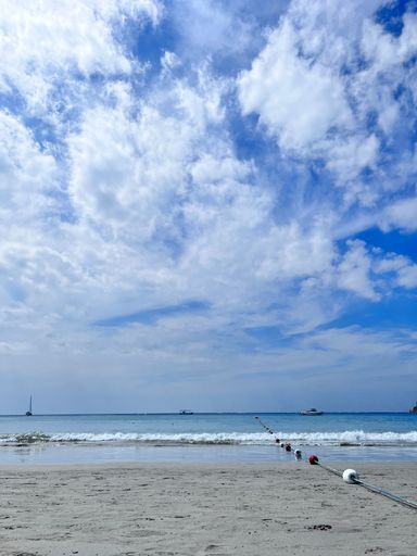 An image of a beach and blue sea with white waves under the cloudy sky.
