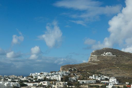 A scenery of an old monastery under the clear sky in the Greek island of Folegandros