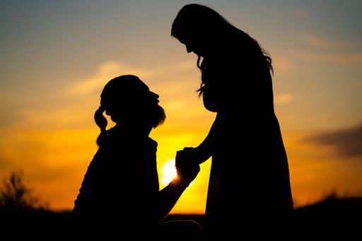 A silhouette of a man kneeling before a woman on the background of a beautiful calm sunset - engagement concept