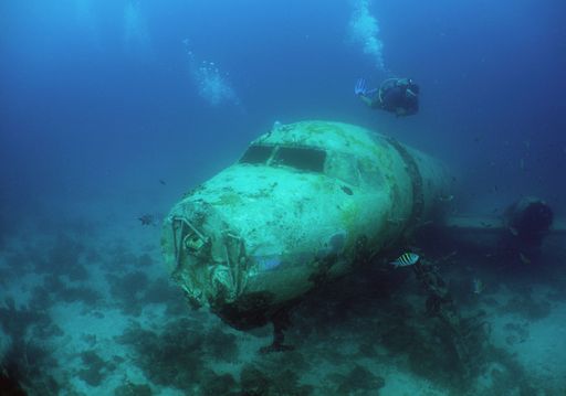 A sunken aircraft wreckage in the depths of the ocean, illuminated by natural light