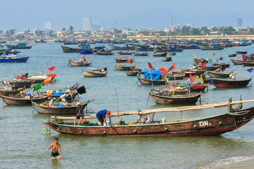 A landscape of fishing boats on a river on a sunny day in Da Nang, Vietnam