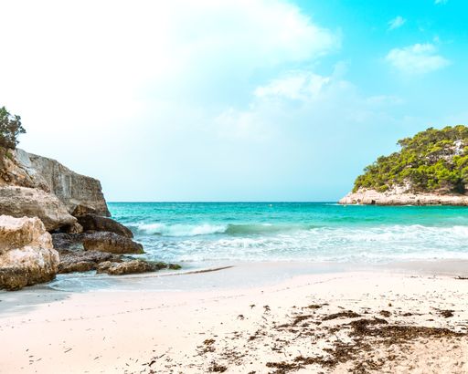 A landscape of the Minorca beach surrounded by greenery on a sunny day in Spain