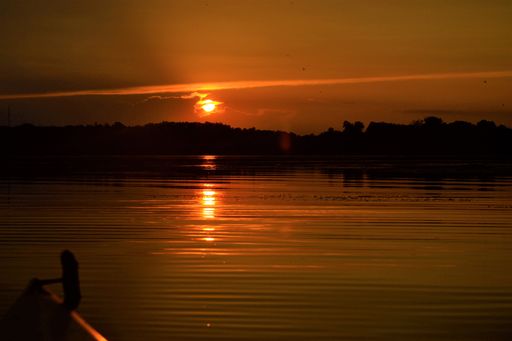 An aerial view of lake surrounded by trees during sunset
