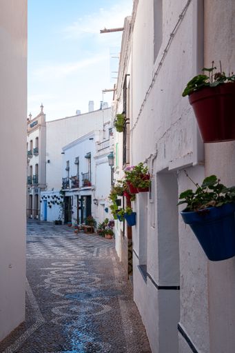 An urban street scene featuring a vibrant display of potted flowers. Nerja, Spain.