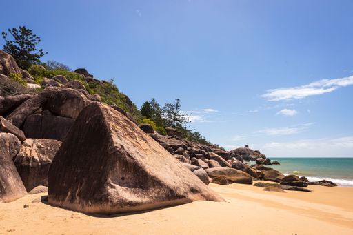Aerial view of Pi Bay on Magnetic Island in Townsville, Queensland, Australia