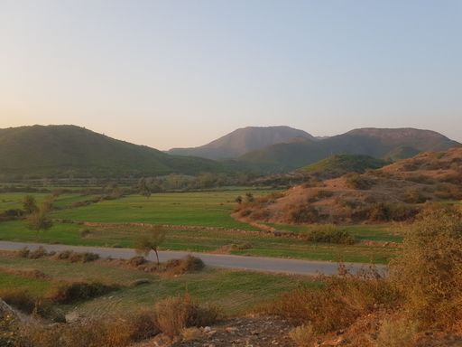A picturesque view of a winding road leading up to the majestic mountains with lush green valleys and rolling fields at the golden hour of sunset