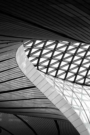 An image of a Beijing Daxing airport minimalistic architecture of the terminal in black and white