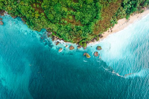 Aerial view of tropical island featuring lush vegetation, crystal blue waters, and sandy beaches