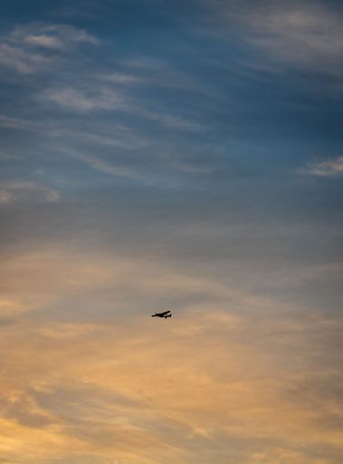 A vertical shot of a plane flying in the sky with clouds at sunset.