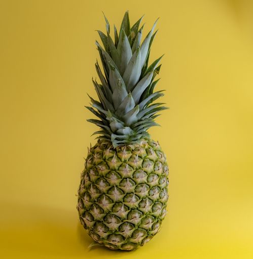 A closeup of a bright yellow pineapples against yellow background