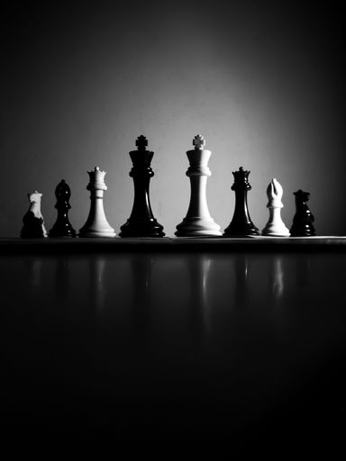 An artistic black and white image of a traditional chess set featuring finely detailed pieces