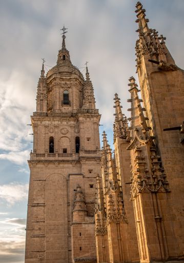 A vertical low angle shot of the Salamanca Cathedral located in Spain