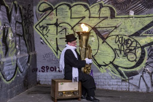  Christopher Werkowicz AKA Fire Tuba,  a magnificent street performer photographed on the South Bank, London, UK