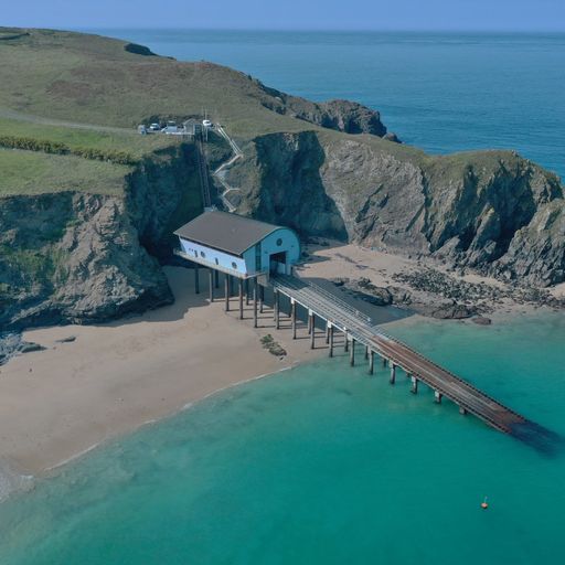 Aerial view of the Padstow Lifeboat Station seen from the sea, Cornwall, UK
