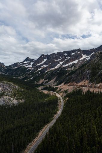 A vertical shot of a path between forests in a mountainous region under the cloudy sky