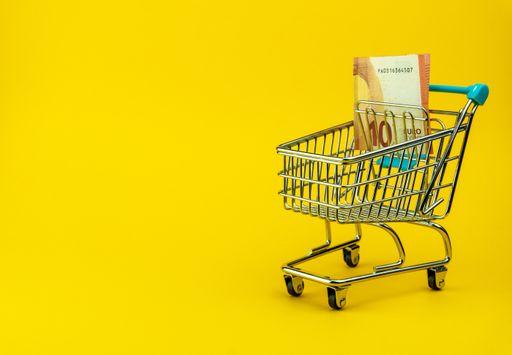 A shot of banknotes (Euro) in a little cart for shopping