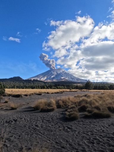 A vertical shot of the Popocatepetl active volcano in Mexico