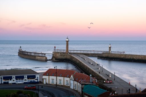 A flock of birds soaring above the expanse of a sun-kissed ocean, silhouetted against the backdrop of a pier jutting out into the