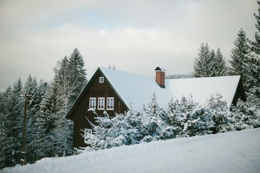 A beautiful cozy house surrounded by snow-covered trees