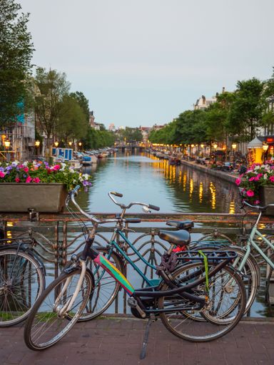 A vertical shot of bicycles parked next to a metal fence of a bridge  over a narrow lake