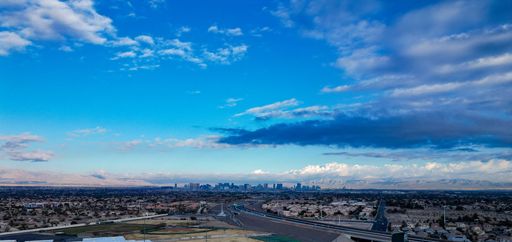 A panoramic shot the Las Vegas cityscape under the blue sky, Nevada, USA