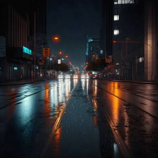 A cinematic shot of raindrops falling on the wet road against the foggy view of evening traffic