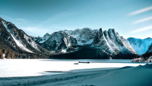 Get lost in the breathtaking beauty of the snowy mountains with this stunning stock image. The crisp white blanket of snow covers the rugged terrain,