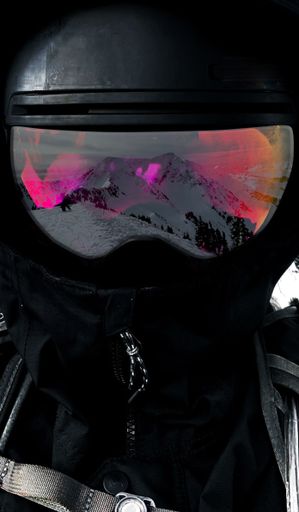 A vertical shot of the snow mountain reflected purple tones in the black helmet