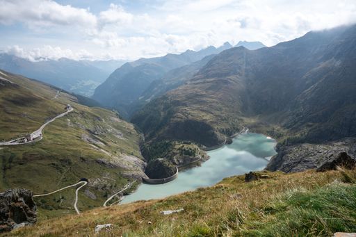 An aerial view of the Speicher Margaritzen lake near Grossglockner High Alpine Road, Austria