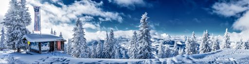 A Panoramic View in Winter with snowy trees and houses in the SkiWelt area with cloudy sky
