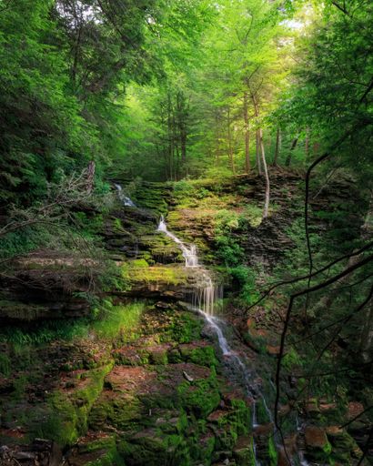 A vertical shot of a waterfall with long exposure in a jungle covered in greenery