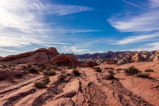 A scenic view of a desert at alley of Fire State Park, NV at sunrise