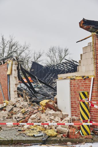 Berlin, Germany - January 1, 2021: Photo with details of a supermarket that burned out on New Year's Eve.