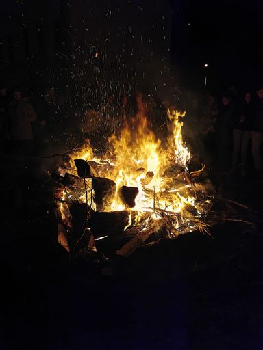 A vertical shot of a big bonfire at night.