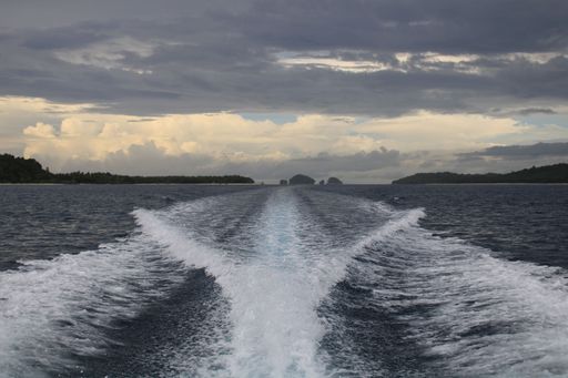 A scenic view of the wake from a boat passing by on a sea with a cloudy sky above
