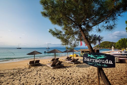 Koukounaries beach, billboards for entertainment items , Skiathos island