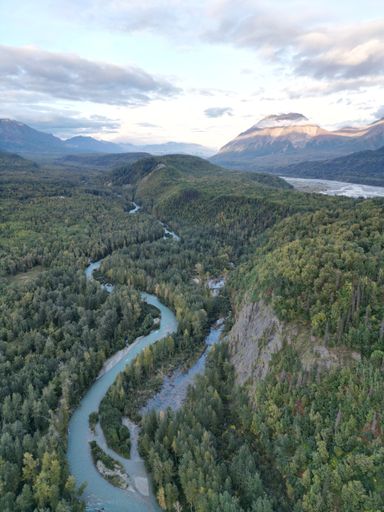 A vertical aerial shot of a beautiful landscape with mountains and a river passing through a forest