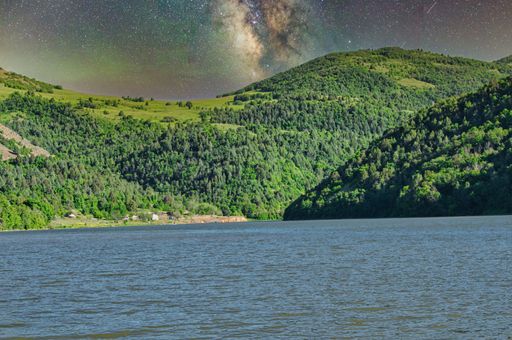 A mesmerizing view of a beautiful dense forest and blue sea under the milky way