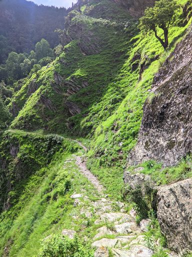 A vertical shot of the narrow walking road on the green rocky mountains