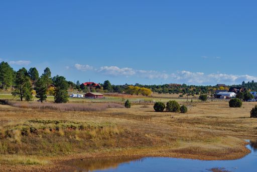 A beautiful shot of a small village surrounded by fields and trees in valley under blue sky