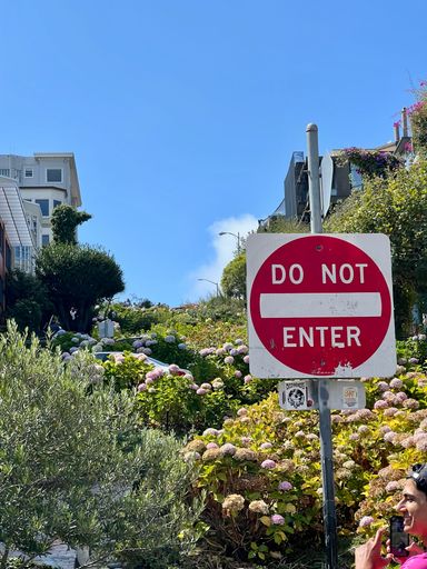 A vertical shot of a "do not enter" sign in a garden with beautiful flowers against houses