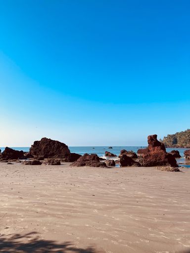 A vertical shot of a rocky beach on a sunny summer day