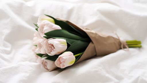 A small pretty bouquet of white tulips on the sheets of a bed