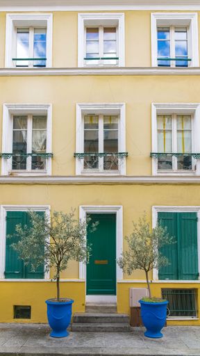 Paris, colorful houses rue Cremieux, typical street